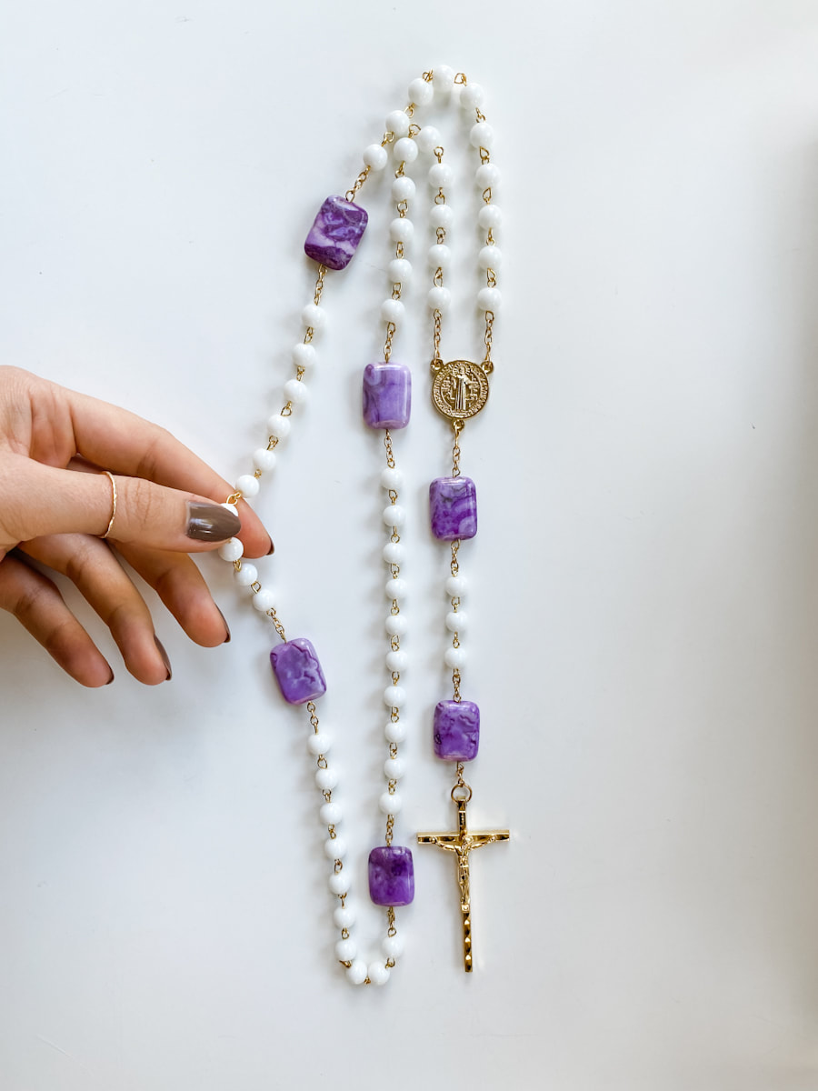 Purple Stone + White Glass Rosary